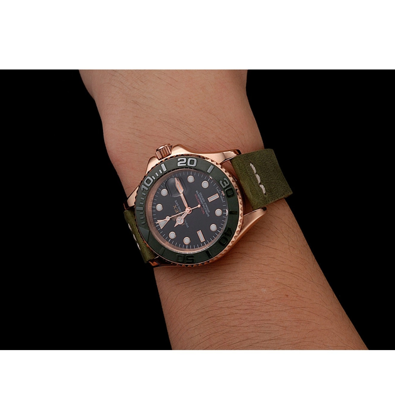 Aaa replica watch Bezel Rose Dial Rolex Black Leather Gold 1453862 Green Bracelet Green Master Case Yacht 0721